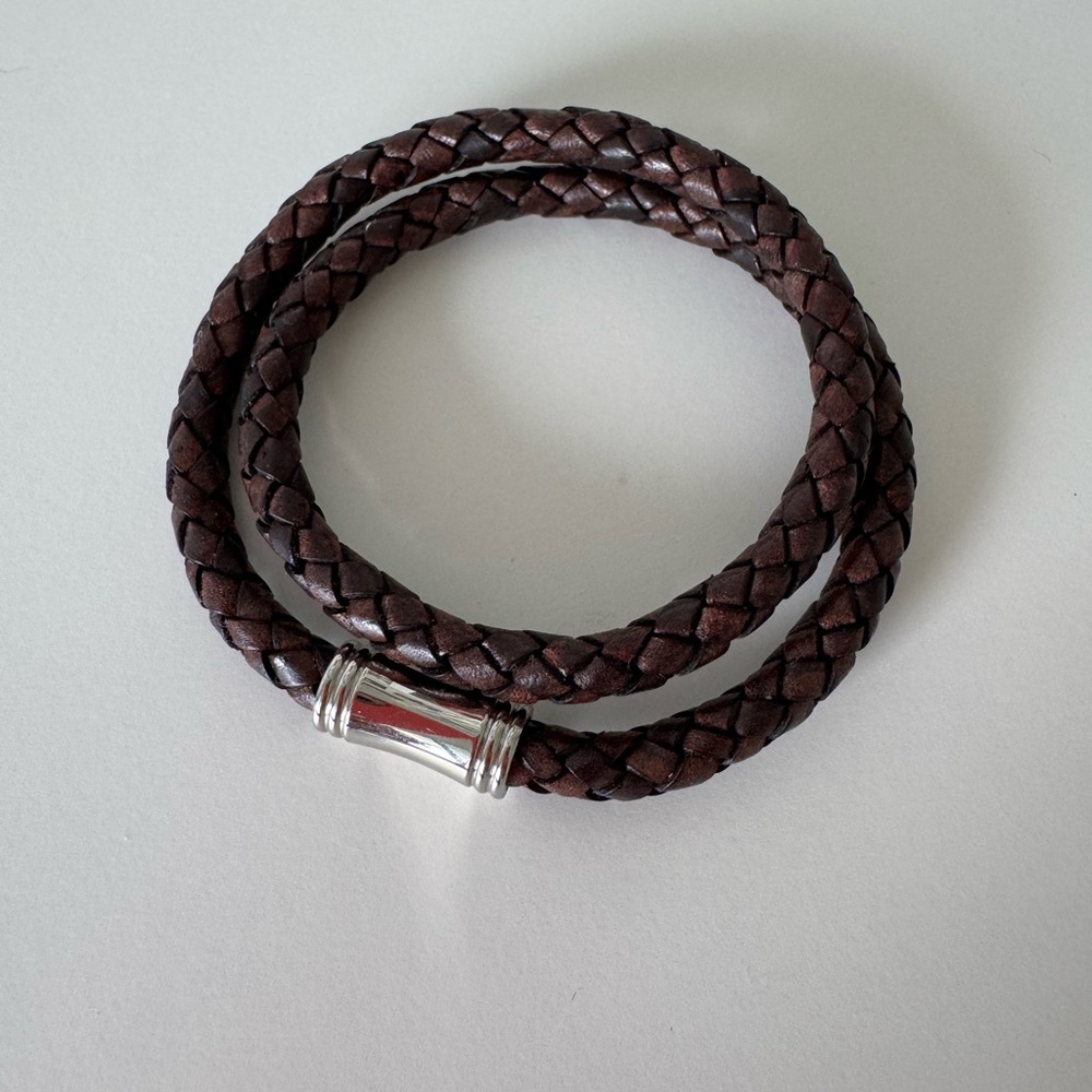 Double Wrap Dark Brown Braided Leather Bracelet with Magnetic Silver Clasp
